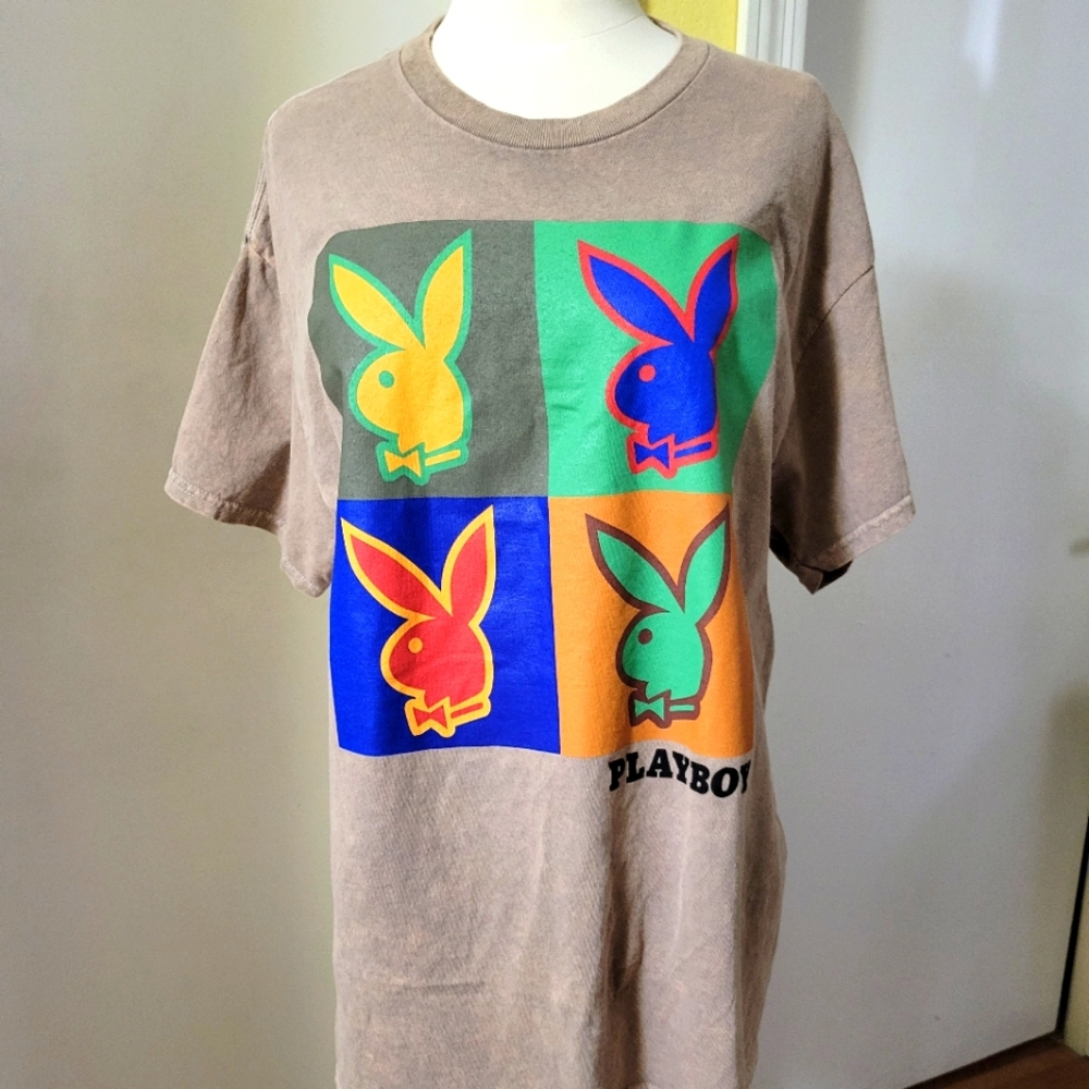 New Playboy Bunny Unisex Color Block T-shirt. Mineral Wash size Large